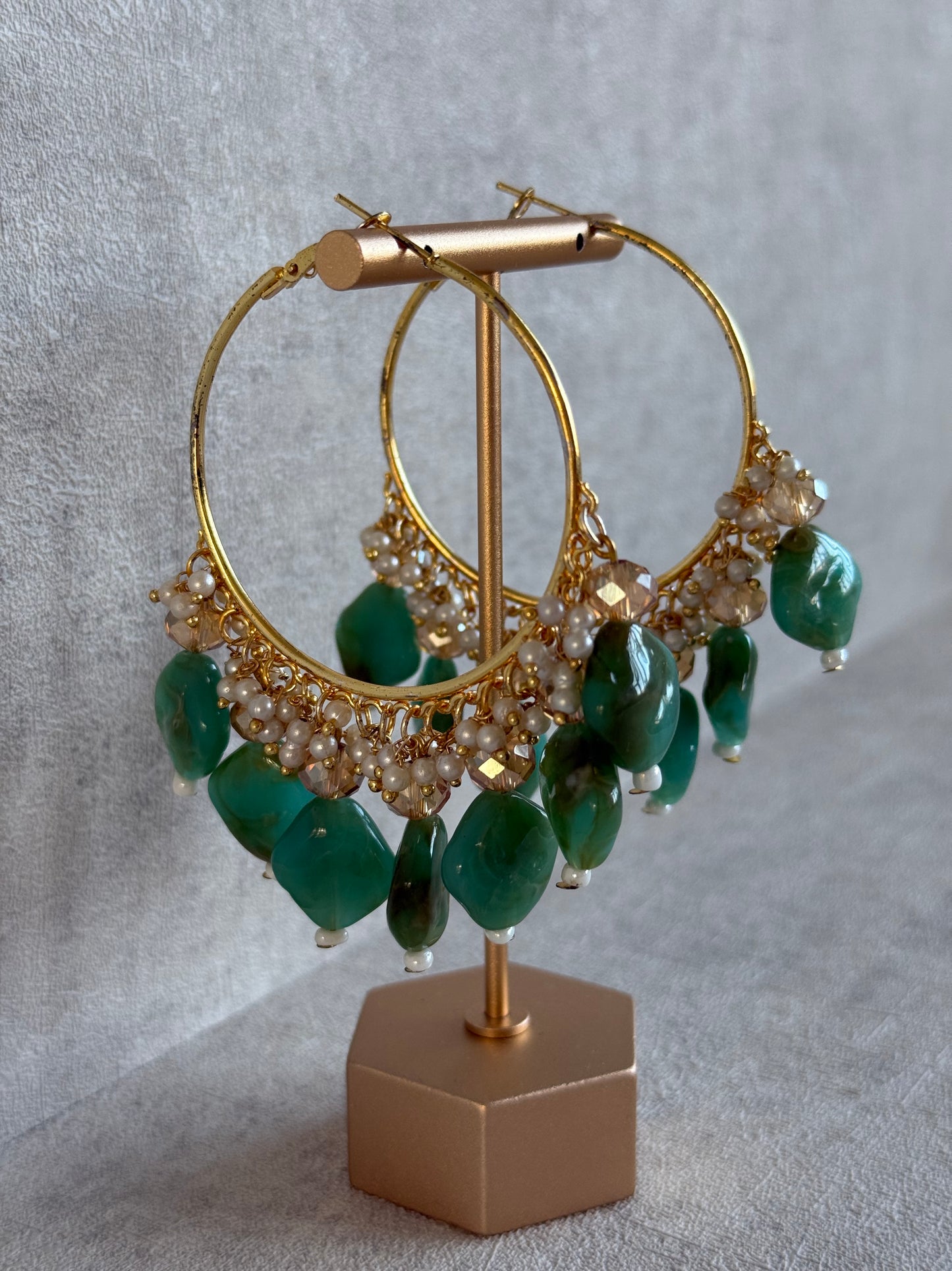 Ayura Designs Heer Balis – Gold Hoops with Jade Green Marble Beads, Pearls & Crystal Detailing