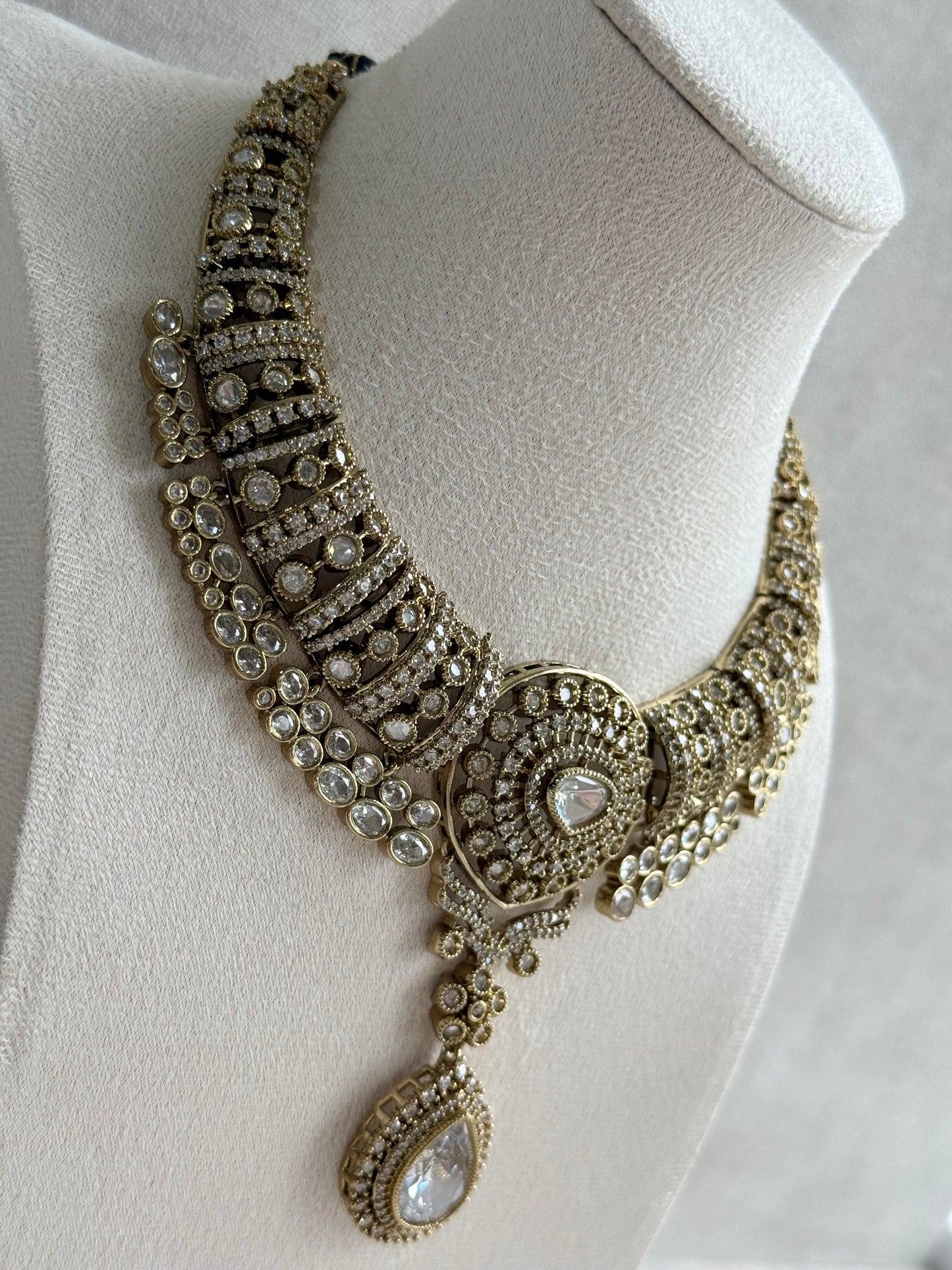 Ayura Designs Ahana Necklace Set with Earrings – Crystal Teardrop Stones & Moissanite Detailing