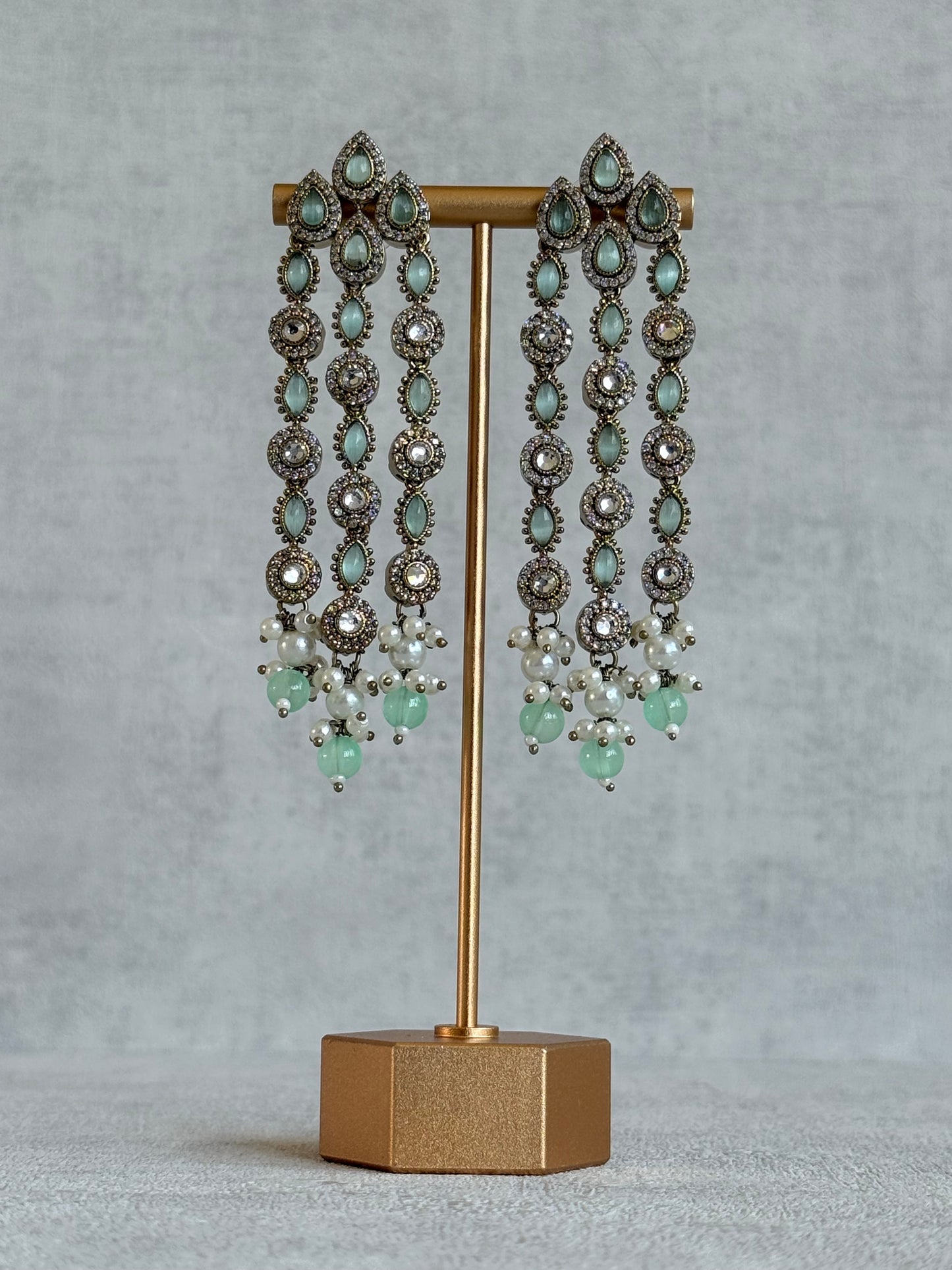 Ayura Designs Emilia Earrings – Gold Triple Strand Statement Earrings with Mint Green Stones & Pearl Drops