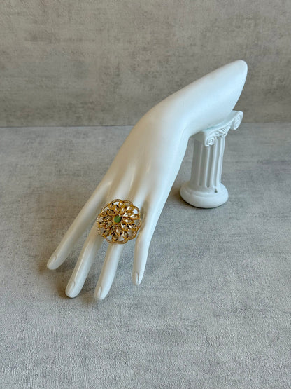 Ayura Designs Elisa Adjustable Ring – Moissanite Floral Ring with Mint Green Centre & Crystal Border