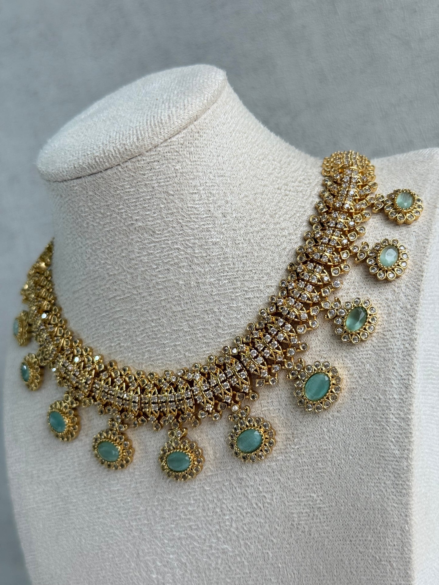 Ayura Designs Elisha Necklace Set with Earrings – Mint Green & Crystal Stone Detailing