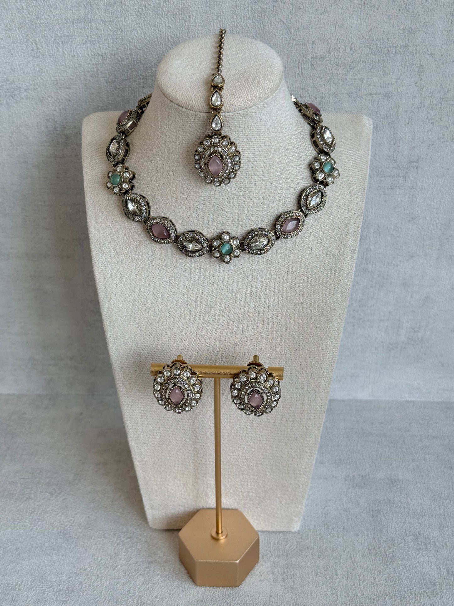 Ayura Designs Ivy Necklace Set with Studs & Tikka – Blush Pink & Mint Green Kundan Detailing