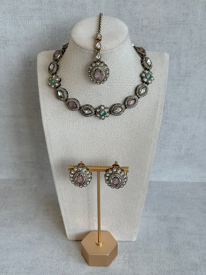 Ayura Designs Ivy Necklace Set with Studs & Tikka – Blush Pink & Mint Green Kundan Detailing