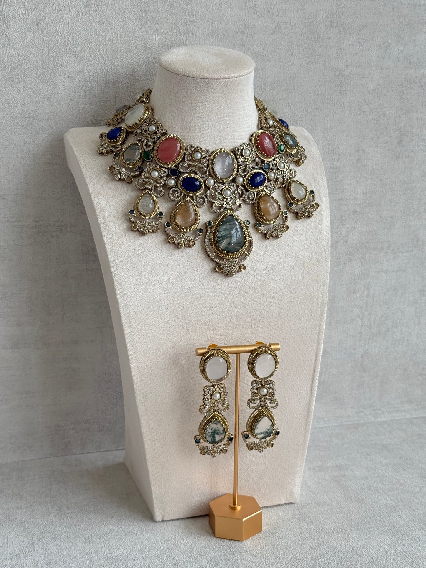 Ayura Designs Kimmy Necklace Set with Earrings – Statement Multicolour Necklace with Marble Stone Details & Crystal Work