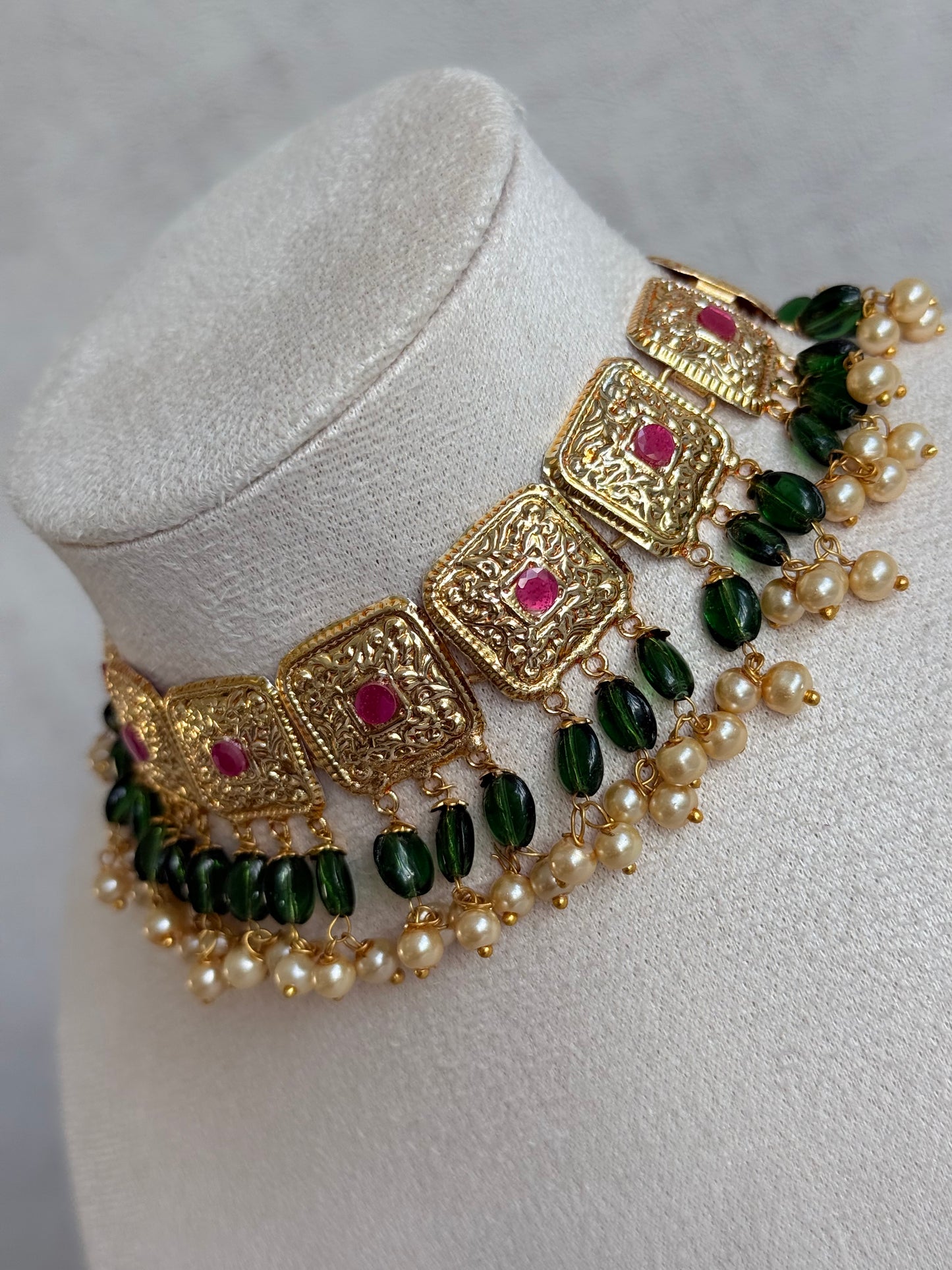 Ayura Designs Chetna Choker Set with Earrings & Tikka – Emerald Green Beads, Cream Pearl Drops with Pipal Patti Detailing