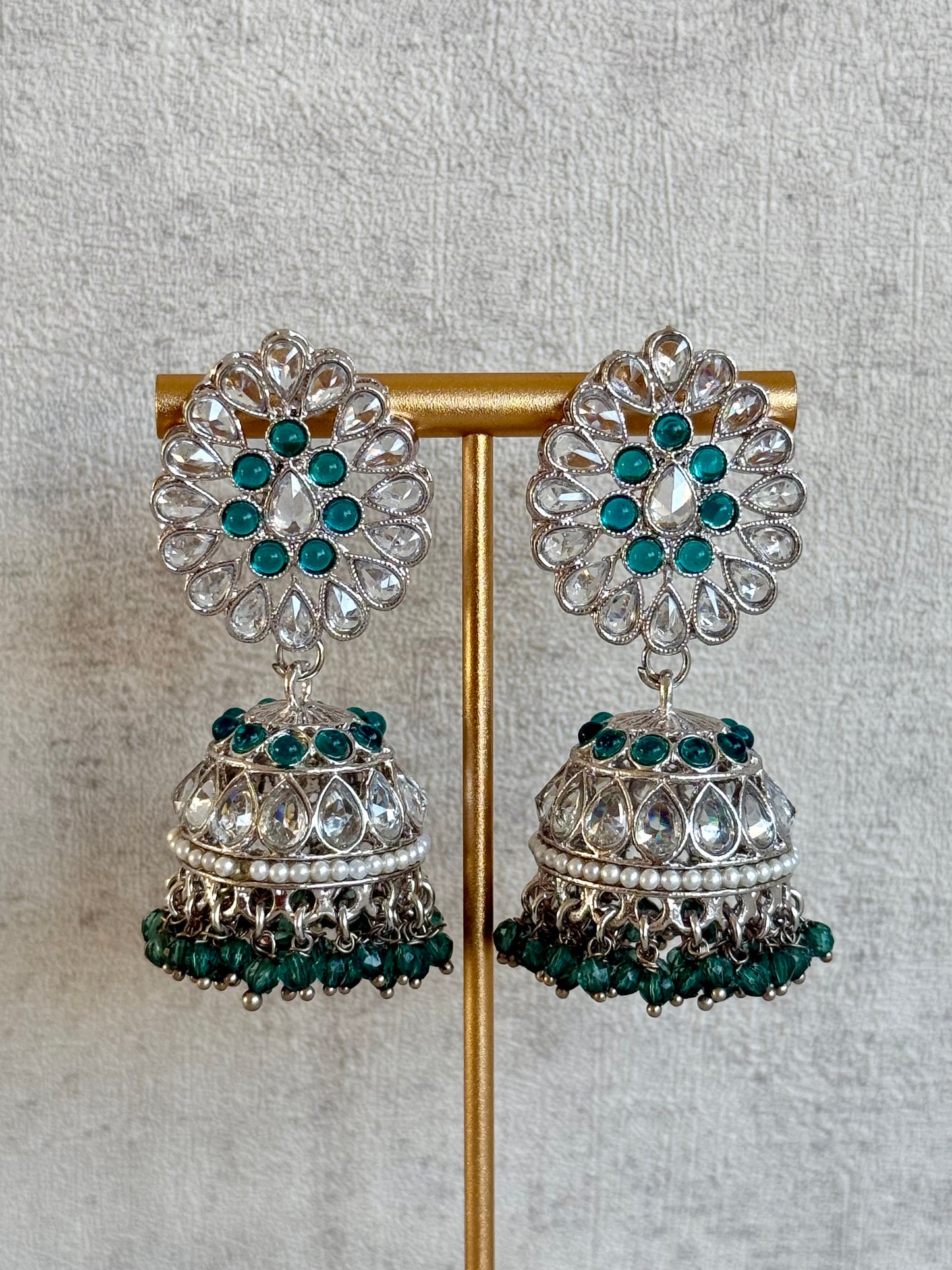 Ayura Designs Saima Set – Necklace, Jhumkis & Tikka in Peacock Green with Silver Finish