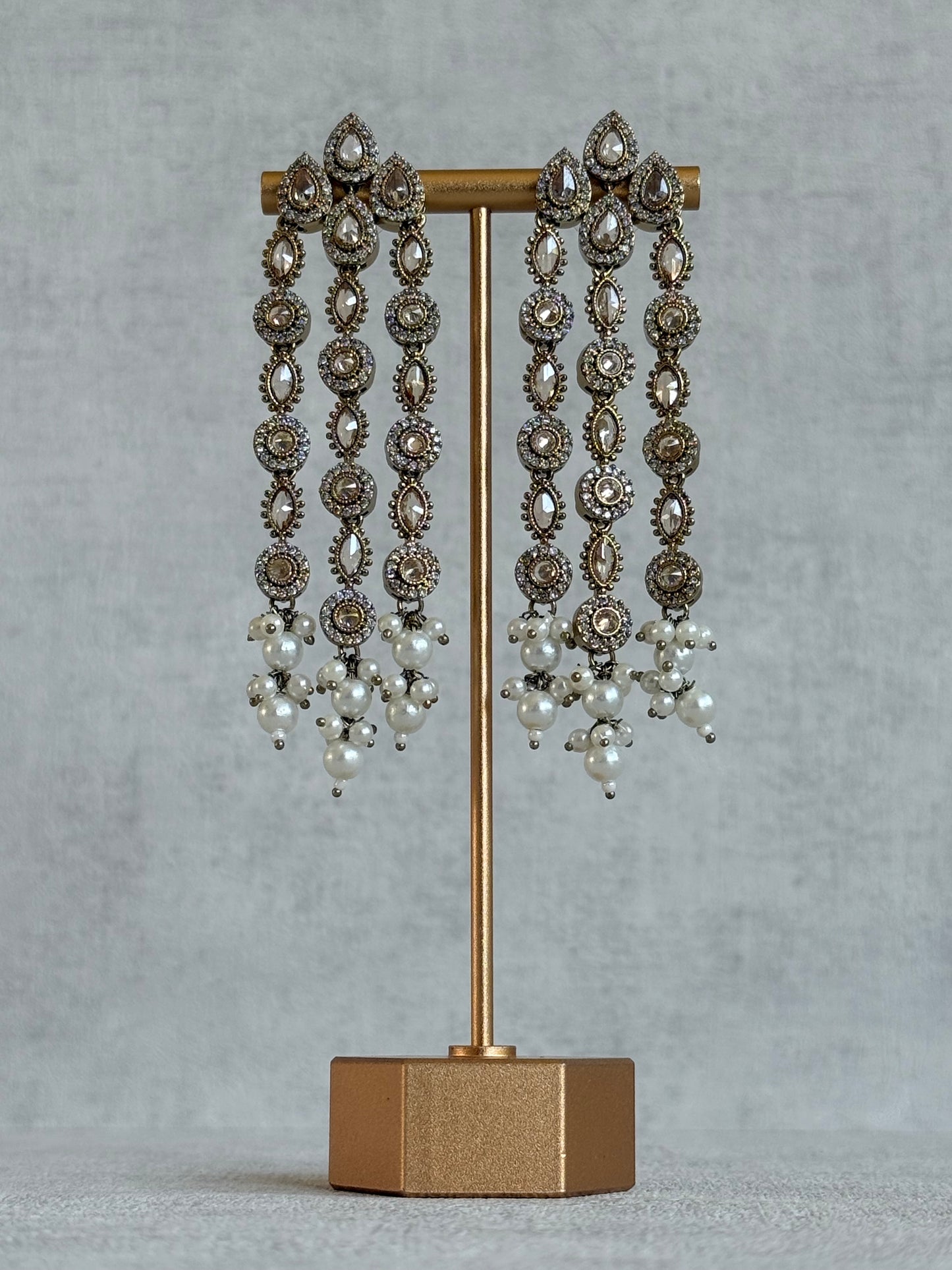 Ayura Designs Emilia Earrings – Gold Triple Strand Statement Earrings with Champagne Stones & Pearl Drops