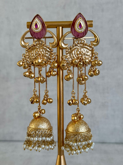 Ayura Designs Prisha Earrings – Antique Gold Jhumkas with Ruby Red Studs, Pearl Detailing & Long Dangling Chains
