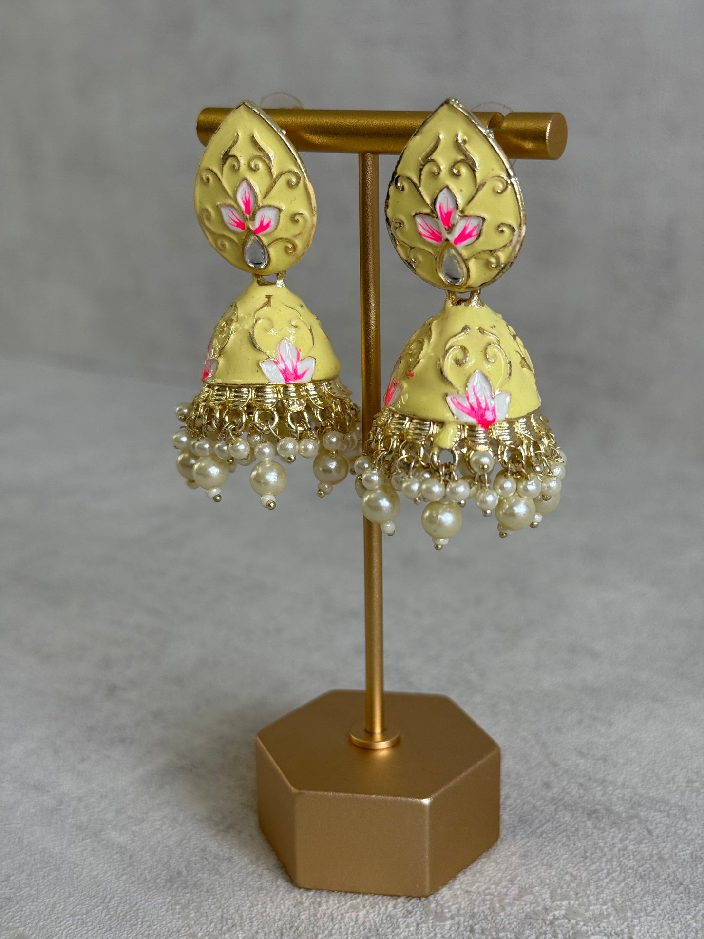Ayura Designs Gia Jhumkis – Butter Yellow Meenakari with Pink Lotus Motifs & Ivory Pearl Drops
