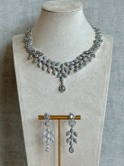 Ayura Designs Vivienne Set with Necklace & Earrings – Silver Finish with Teardrop Crystals and Clustered Leaf Detailing