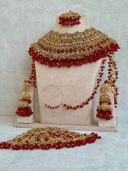 Ayura Designs Ishqiya Bridal Set with Necklace, Jhumkis with Sahare, Tikka & Jhoomer – Antique Gold, Champagne Stones & Red Bead Detailing