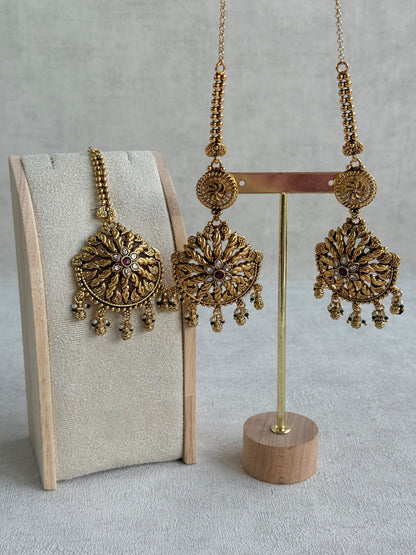 Ayura Designs Survi Tikka Set with Sahare Earrings – Antique Gold with Kundan, Pink Stones, Ivory & Green Beads