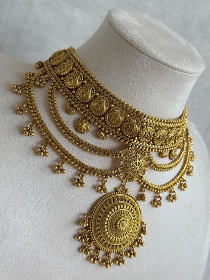 Ayura Designs Subha Choker Set with Earrings & Passa – Antique Gold Engraved Medallions, Layered Chains & Ghungroo Drops