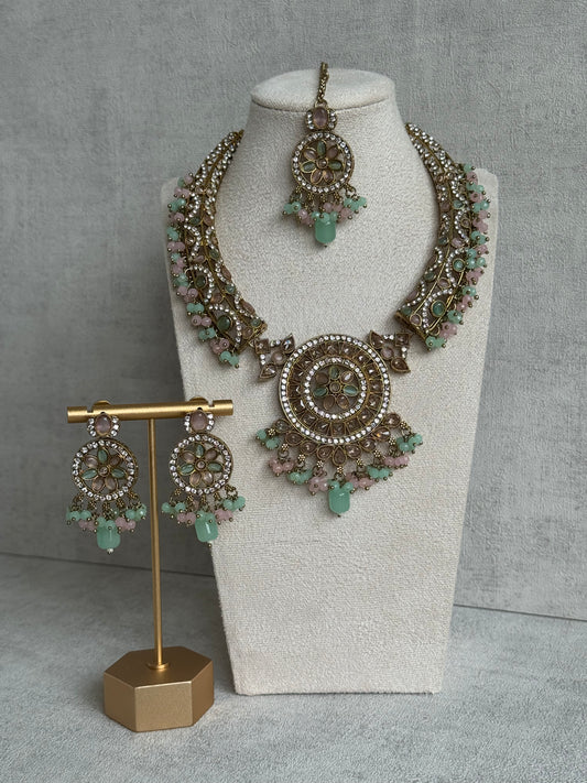 Ayura Designs Niya Set with Necklace, Earrings & Tikka – Blush Pink & Pistachio Green Beads, Antique Gold & Pastel Floral Motifs