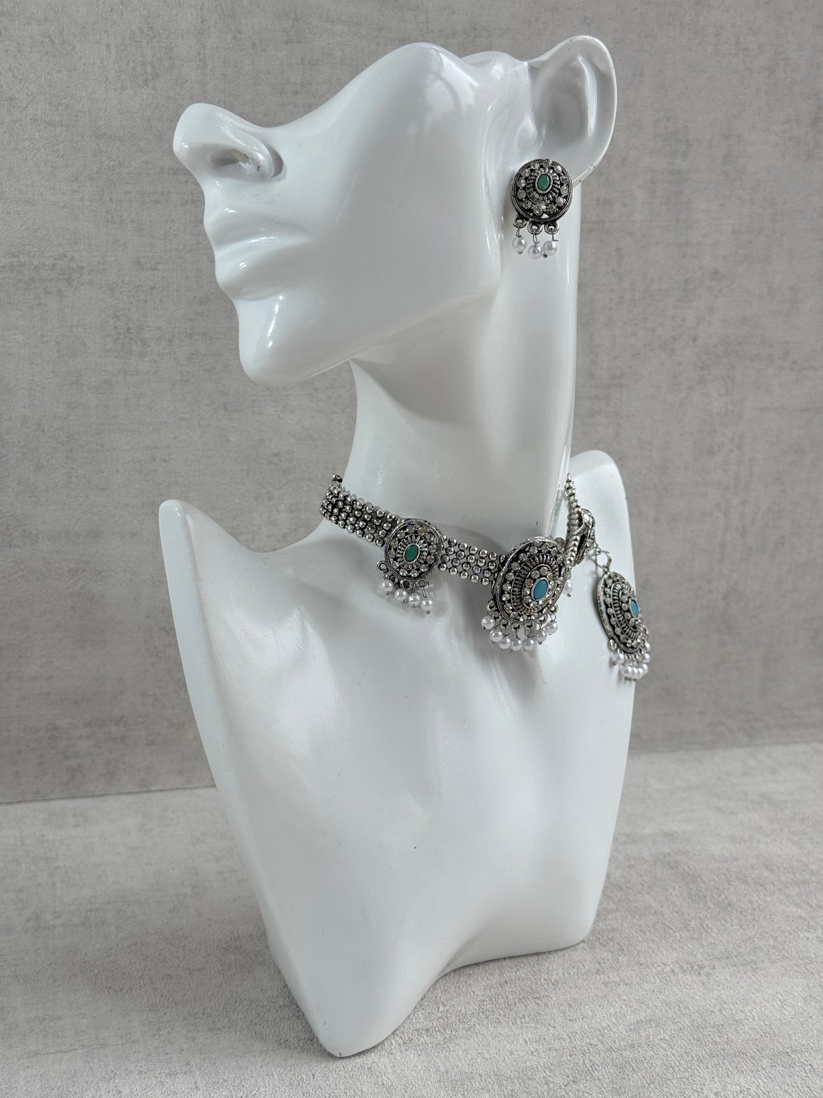 Ayura Designs Gauri Choker Necklace Set with Earrings & Tikka – Mint Green, Turquoise Blue & Crystal Stones with Oxidised Silver Finish