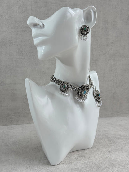 Ayura Designs Gauri Choker Necklace Set with Earrings & Tikka – Mint Green, Turquoise Blue & Crystal Stones with Oxidised Silver Finish