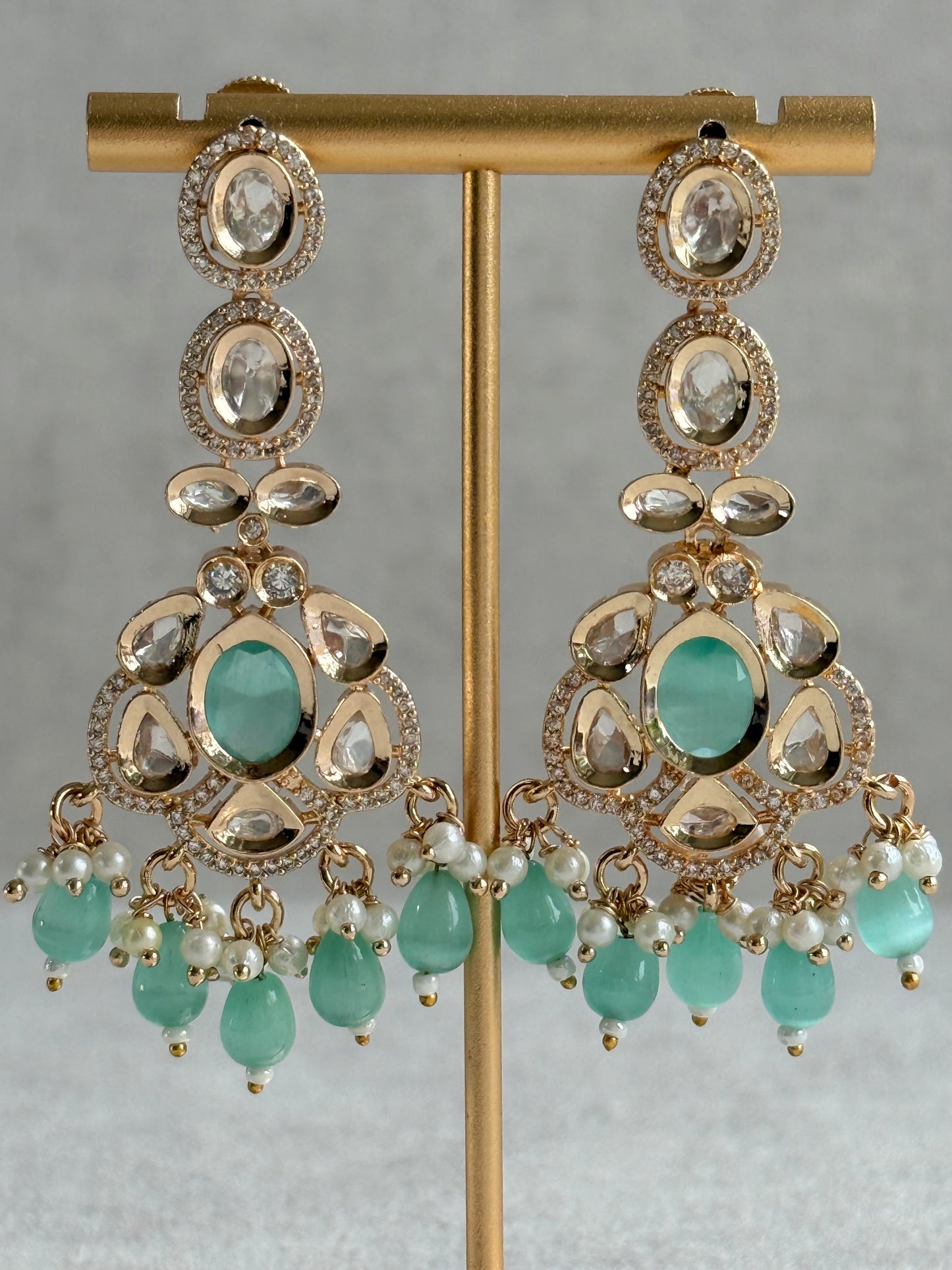 Ayura Designs Edina Necklace Set with Earrings – Kundan, Mint Green Stones & Pearl Detailing