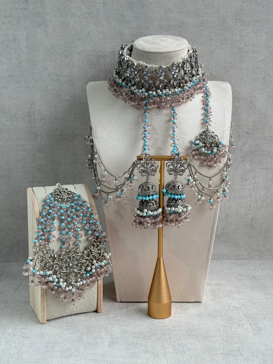 Ayura Designs Arasi Set with Choker, Passa, Tikka & Sahare Jhumkis – Antique Silver with Blush Pink Crystals, Aqua Blue Beads & Ivory Pearls