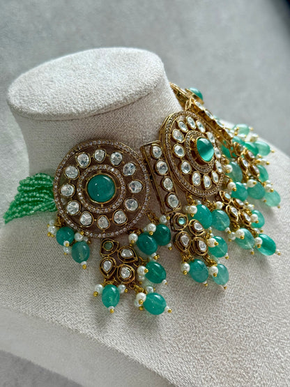 Ayura Designs Harper Set – Antique Gold Choker & Earrings with Mint Green Beads, Kundan Stones & Pearl Detailing