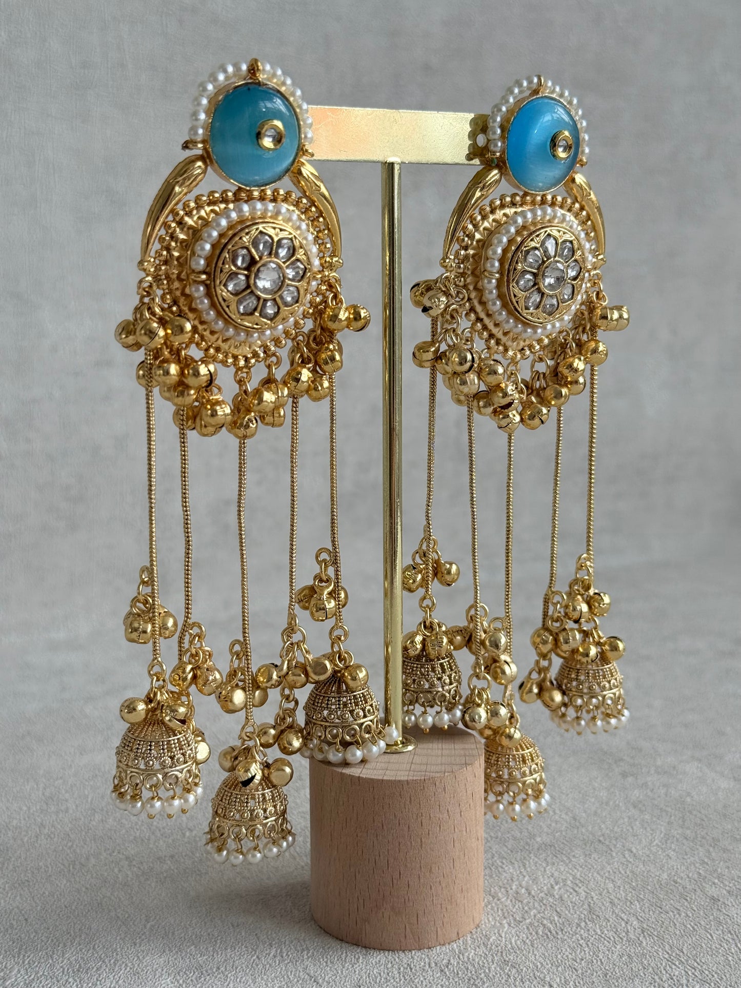 Ayura Designs Shagan Earrings – Aqua Blue Statement Earrings with Multi Jhumki Drops, Pearl Detailing & Ghungroo Accents