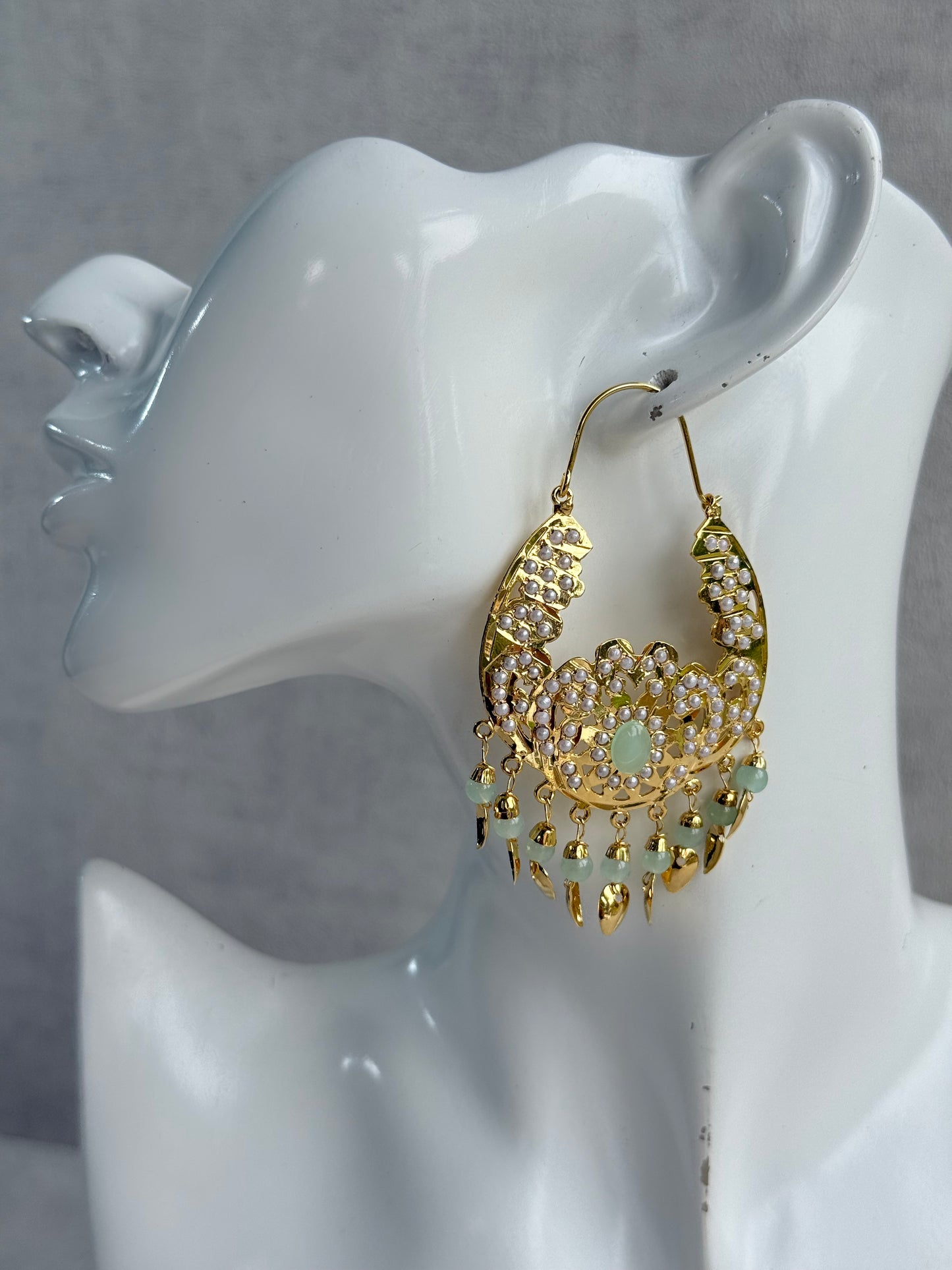Ayura Designs Nimrat Balis – Mint Green & Ivory Pearls with Pippal Patti & Gold Finish