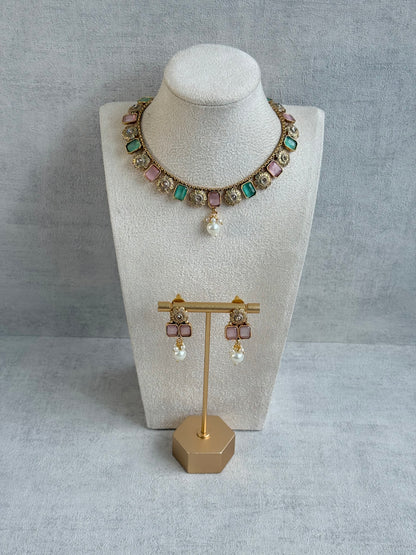 Ayura Designs Padma Necklace Set with Earrings – Blush Pink & Mint Green Stones with Pearl Drop Detailing