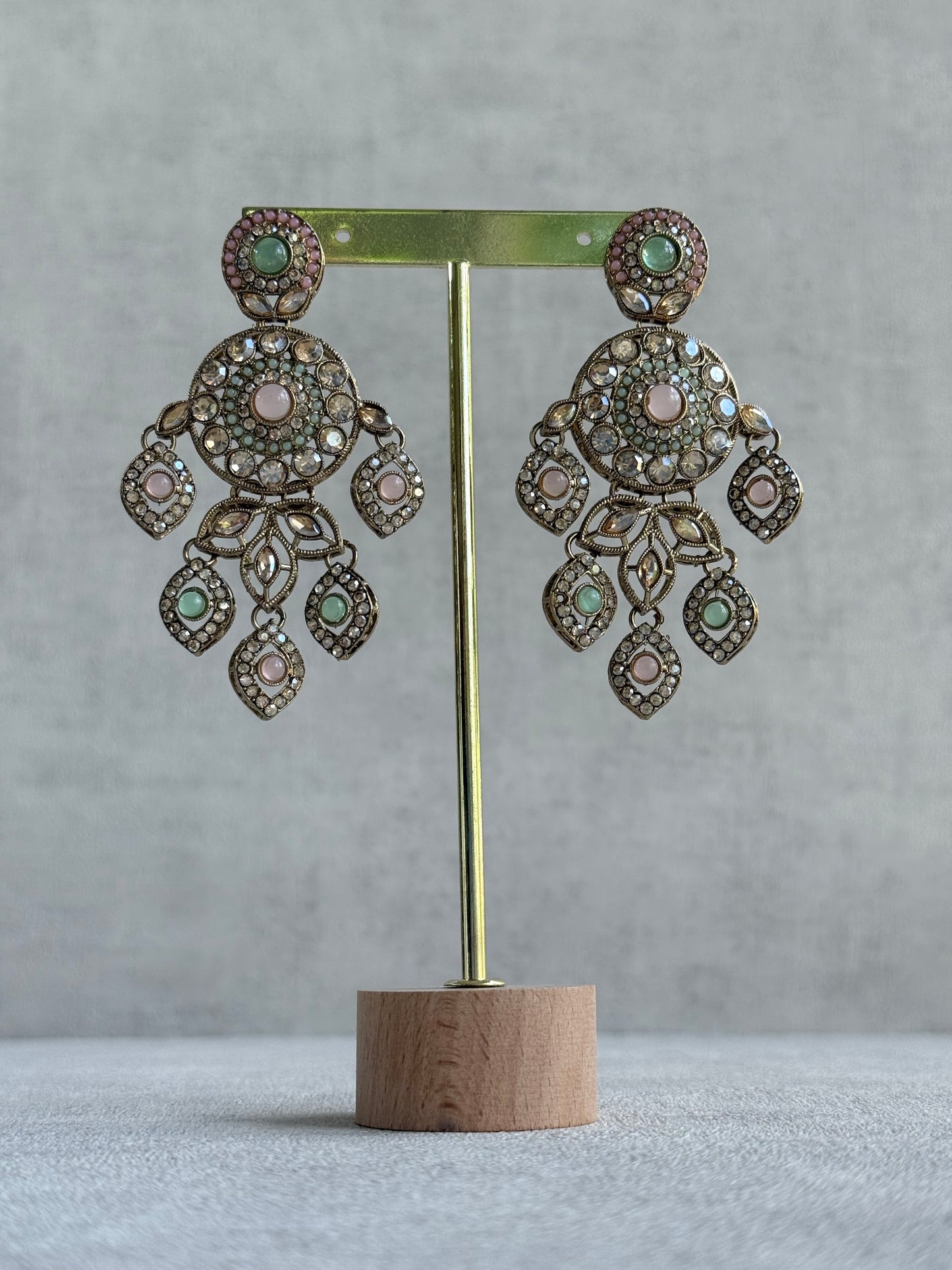 Ayura Designs Vanika Earrings – Mint Green, Blush Pink & Champagne Crystal Gold Finish