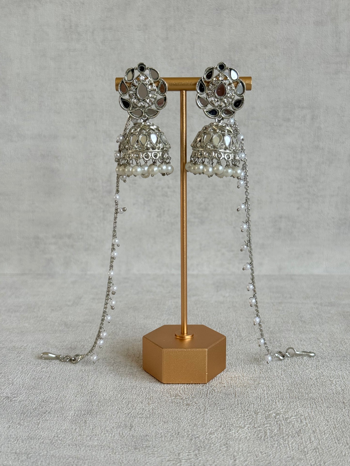 Ayura Designs Mira Jhumkis – Silver Mirror-Cut Earrings with Detachable Single-Layer Pearl Sahare