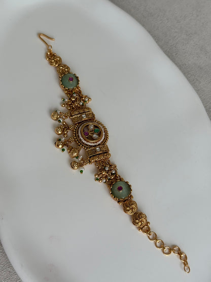 Ayura Designs Pravya Bracelet – Gold Bracelet with Mint, Pink & Green Stones & Ghungroo Detailing
