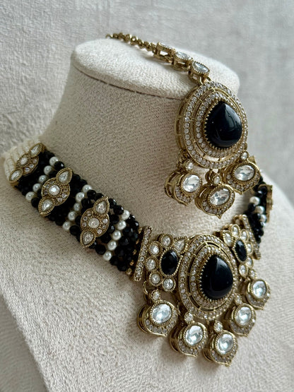Ayura Designs Rahi Necklace Set with Earrings & Tikka – Black Stones with Mirror-Cut Detailing & Pearl Strands