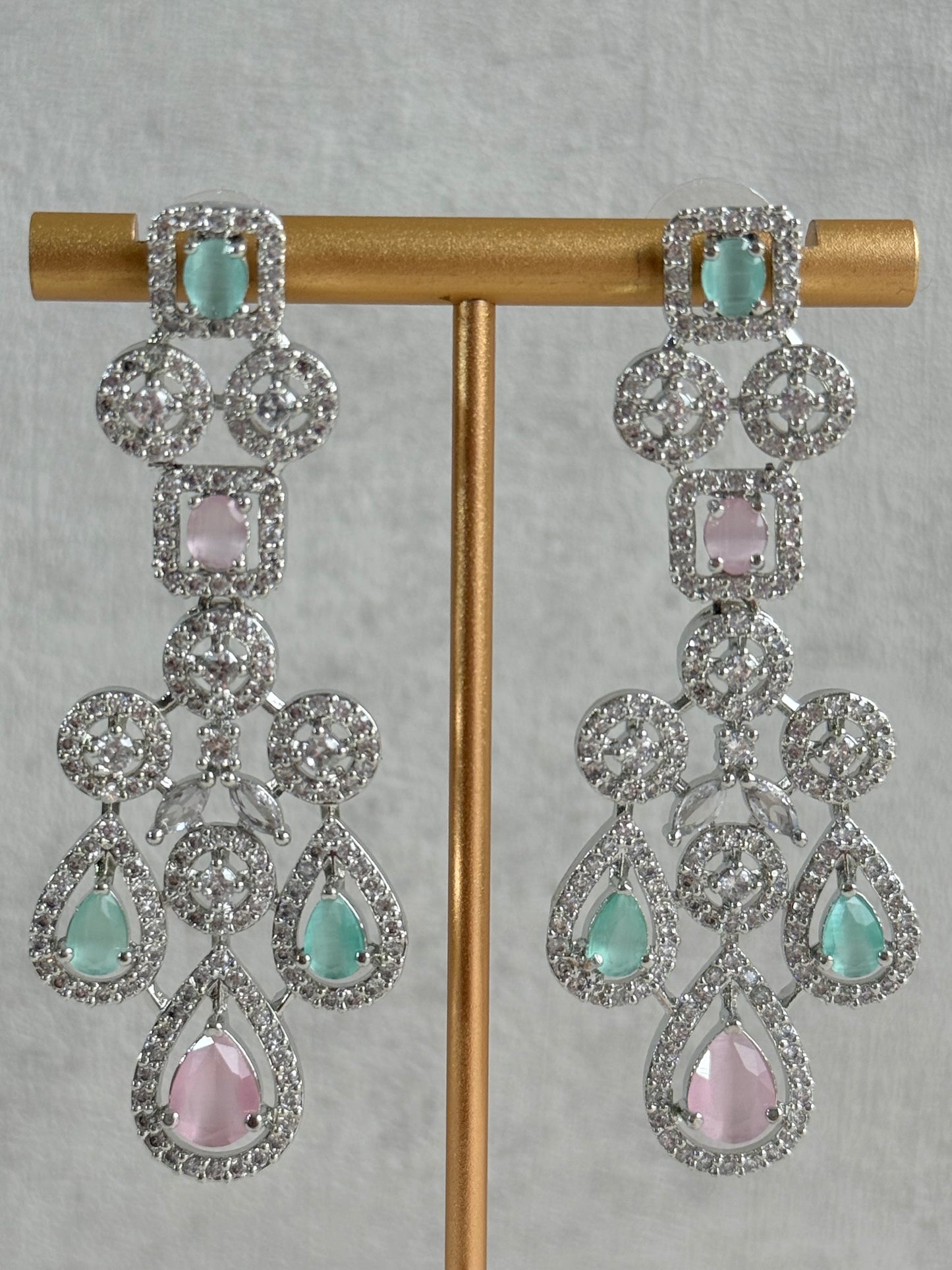 Ayura Designs Skye Necklace Set with Earrings – Blush Pink & Mint Green Stones with Crystal Detailing in Silver Finish