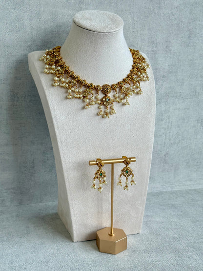 Ayura Designs Ilaa Set – Necklace & Earrings with Pink & Green Stone Accents, Pearl Drops & Antique Gold Finish