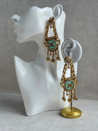 Ayura Designs Hazar Earrings – Gold Peacock Design with Mint Green Enamel, Multicoloured Stones, Pearl Beading & Ghungroo Detailing