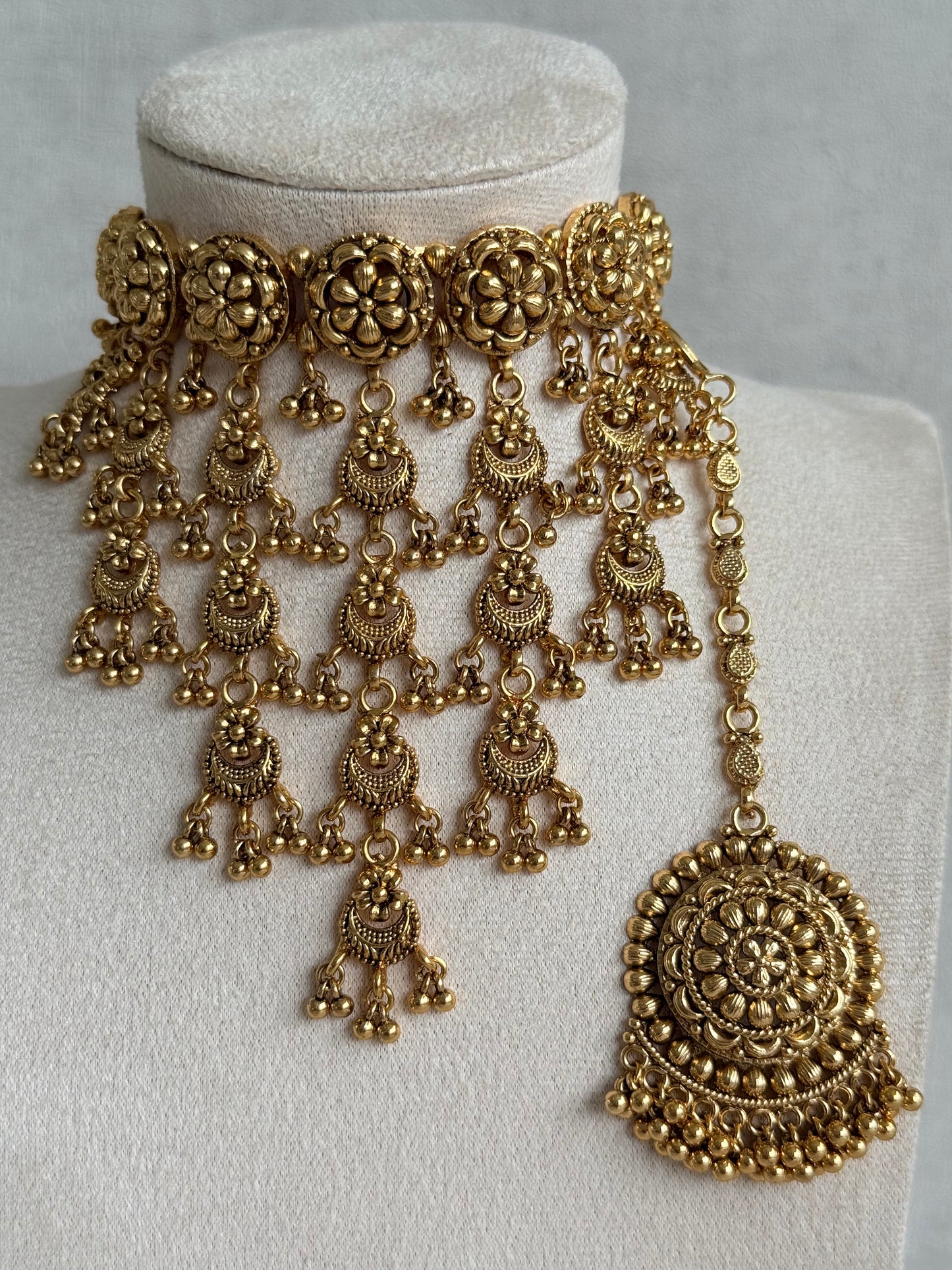 Ayura Designs Kimaya Choker Set with Earrings & Tikka – Gold Floral Waterfall Choker with Ghungroo Drops