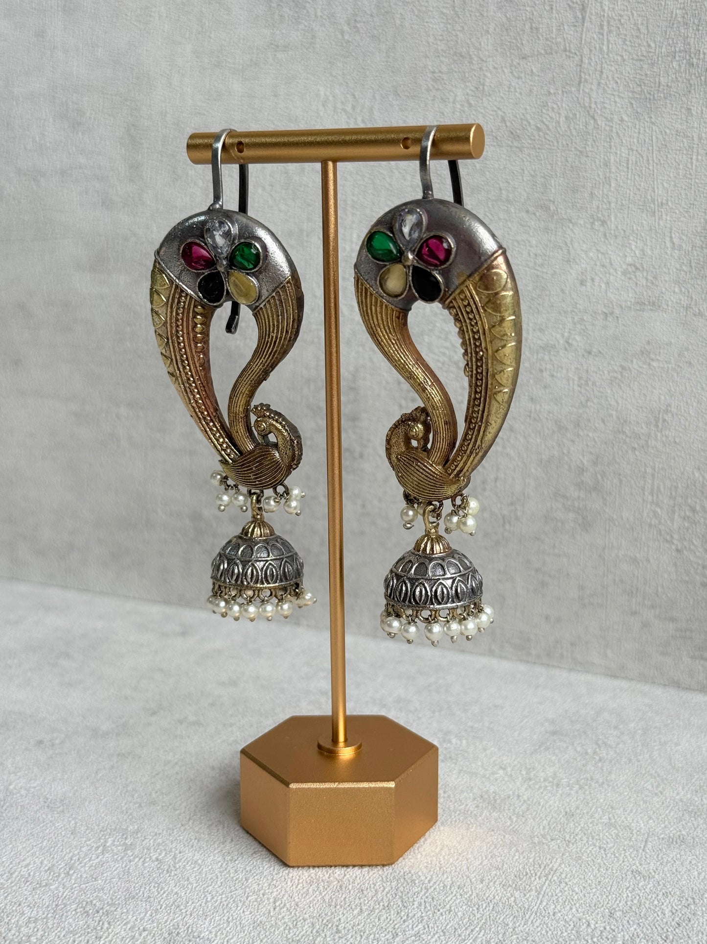 Ayura Designs Moorni Earrings – Dual Tone Oxidised Peacock Ear Climbers with Multicolour Stones & Pearl Jhumki Drops