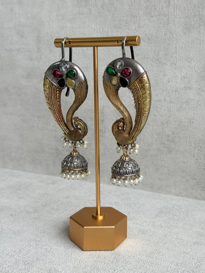 Ayura Designs Moorni Earrings – Dual Tone Oxidised Peacock Ear Climbers with Multicolour Stones & Pearl Jhumki Drops