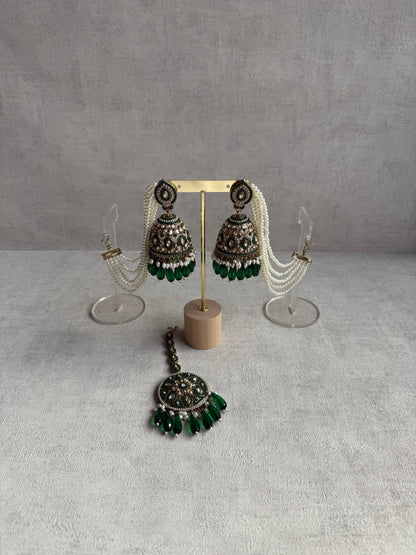 Ayura Designs Amrita Set – Jhumkis with Sahare & Tikka in Emerald Green Beads, Pearls and Antique Gold Finish