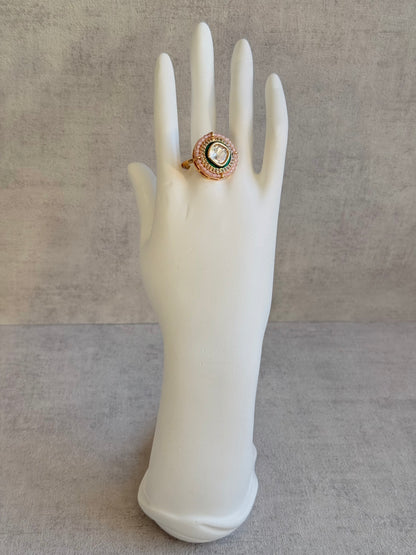 Ayura Designs Roselle Adjustable Ring – Moissanite Centre with Crystal Border & Blush Pink Beads