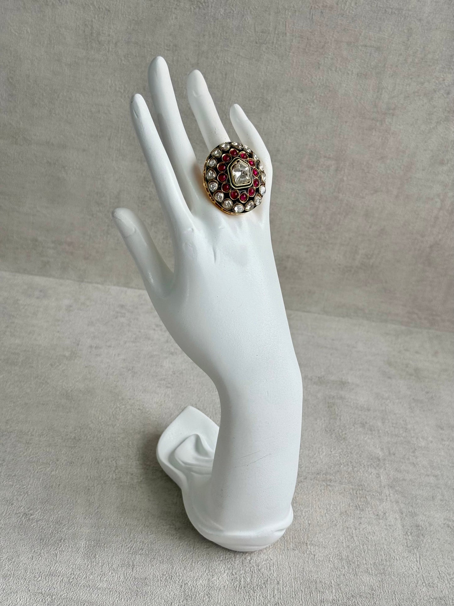 Ayura Designs Lara Adjustable Ring – Mirror-Cut Statement Ring with Ruby Pink Stones & Green Enamel Detailing