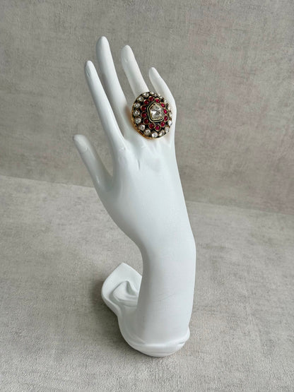 Ayura Designs Lara Adjustable Ring – Mirror-Cut Statement Ring with Ruby Pink Stones & Green Enamel Detailing
