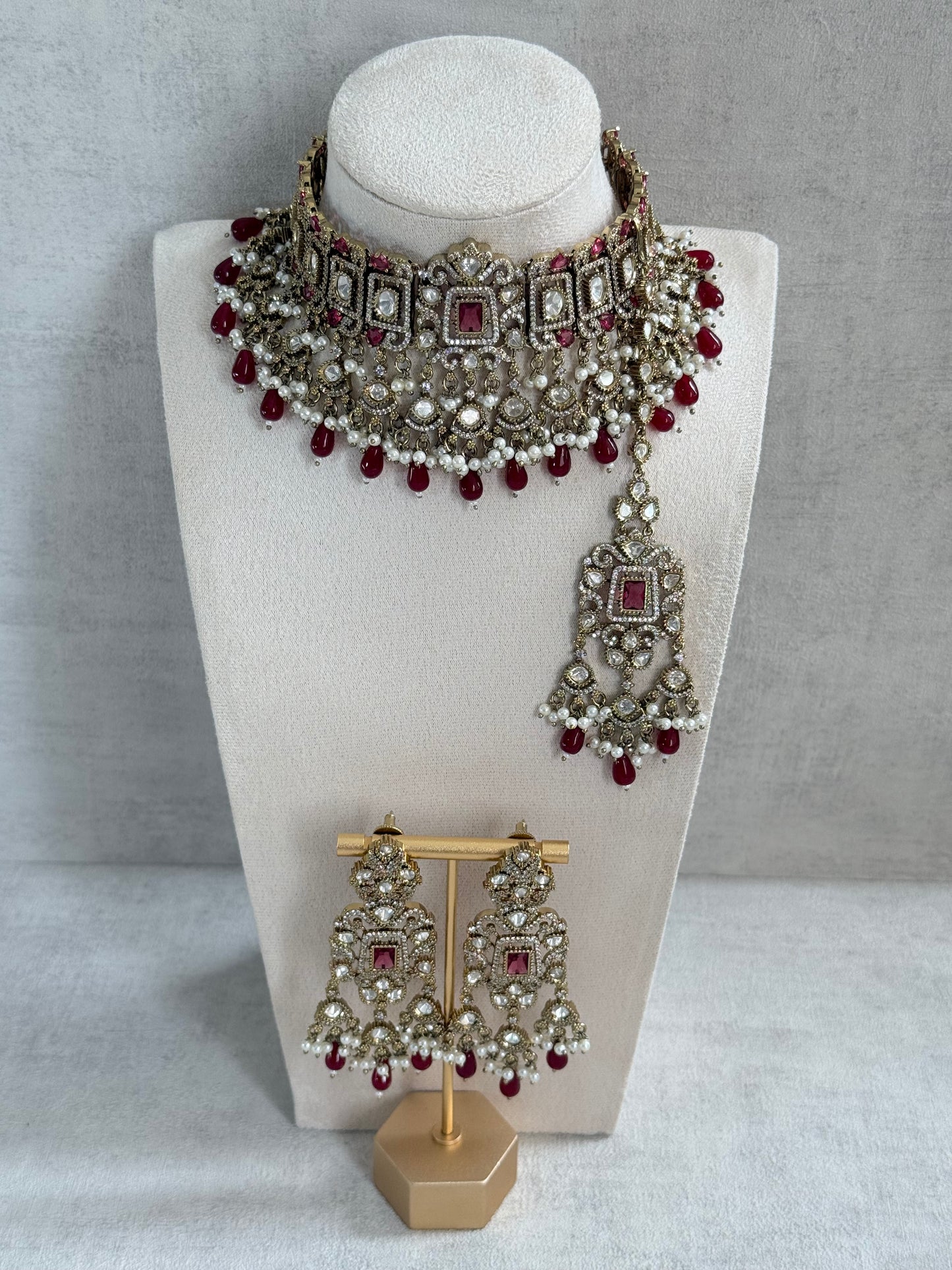 Ayura Designs Aisha Choker Set with Earrings & Tikka – Rani Pink Stones, Red Beads, Polki & Pearl Detailing