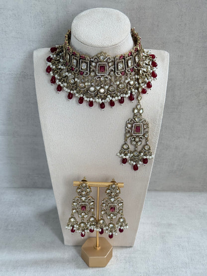 Ayura Designs Aisha Choker Set with Earrings & Tikka – Rani Pink Stones, Red Beads, Polki & Pearl Detailing