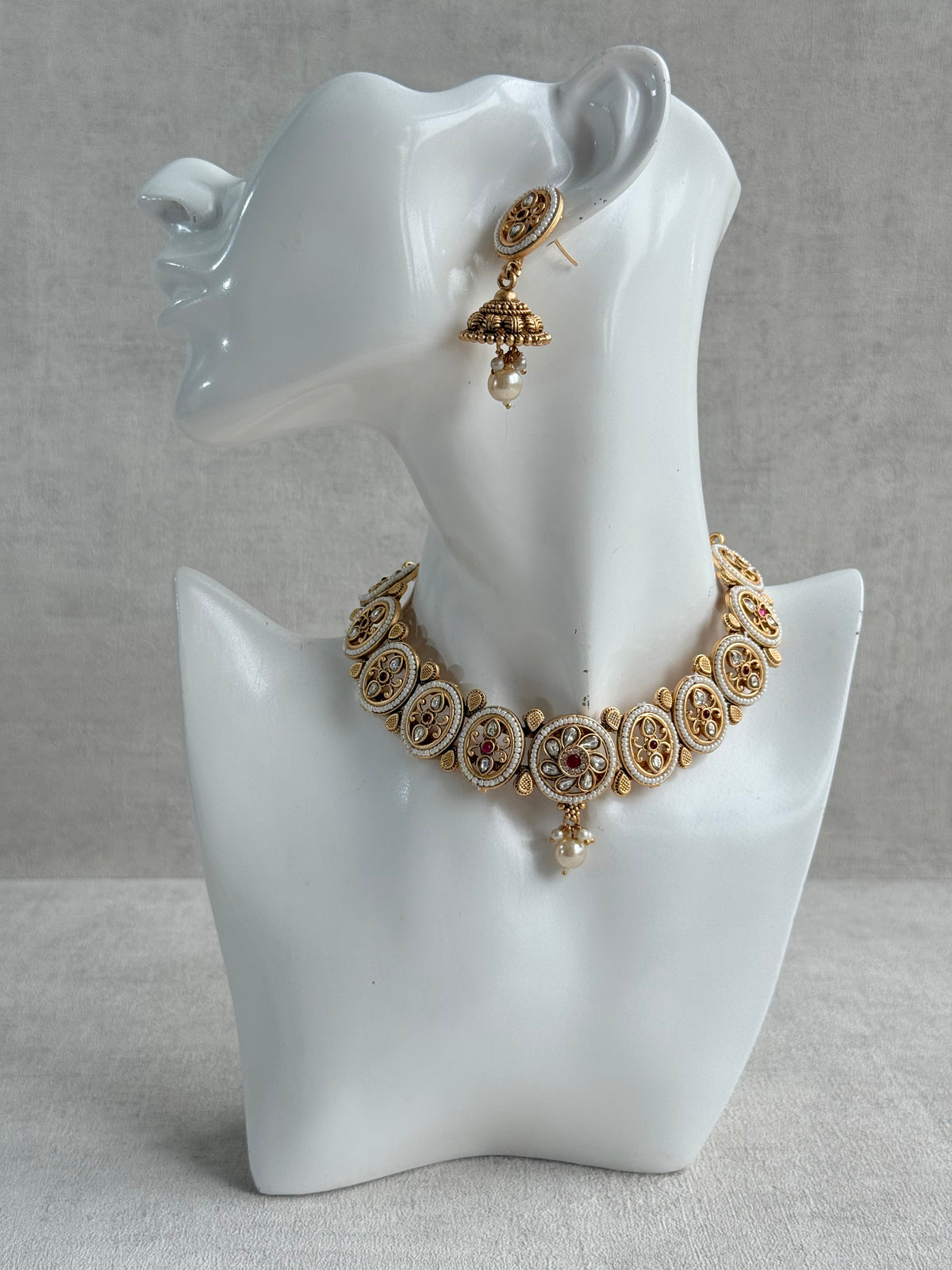 Ayura Designs Laina Necklace Set with Jhumkis – Kundan & Rani Pink Stones, Pearls & Antique Gold Finish