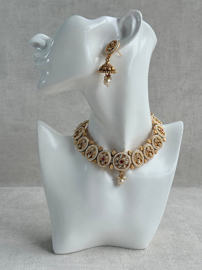 Ayura Designs Laina Necklace Set with Jhumkis – Kundan & Rani Pink Stones, Pearls & Antique Gold Finish