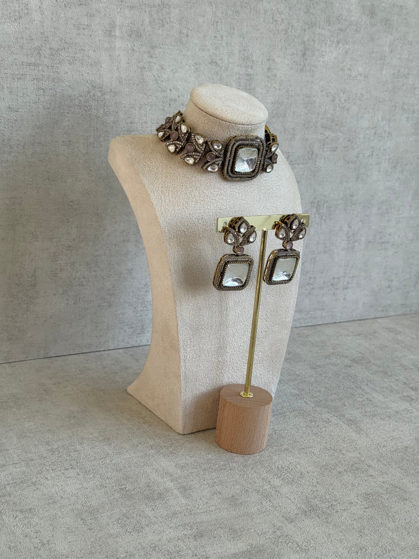 Ayura Designs Freya Choker Set with Earrings – Blush Pink Accents & Moissanite Stones in Antique Gold