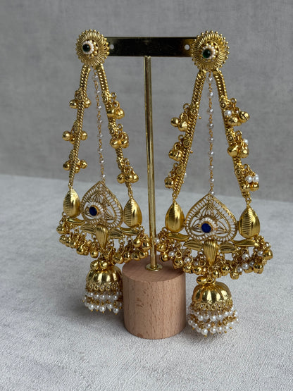 Ayura Designs Teja Earrings – Antique Gold Jhumkis with Blue Stone & Pearl Detailing