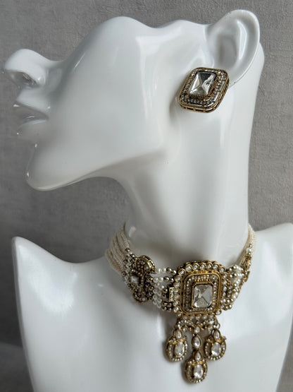 Ayura Designs Nabiha Choker Set with Studs – Ivory Pearl, Crystal Detailing & Gold Finish