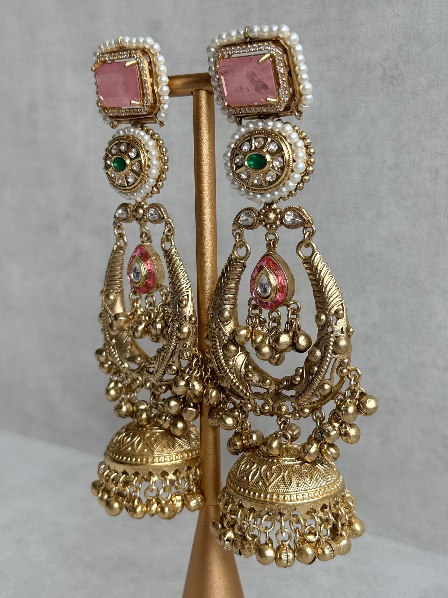 Ayura Designs Zirwa Earrings – Statement Jhumkis with Pink Stones, Green Accents & Pearl Borders & Ghungroos