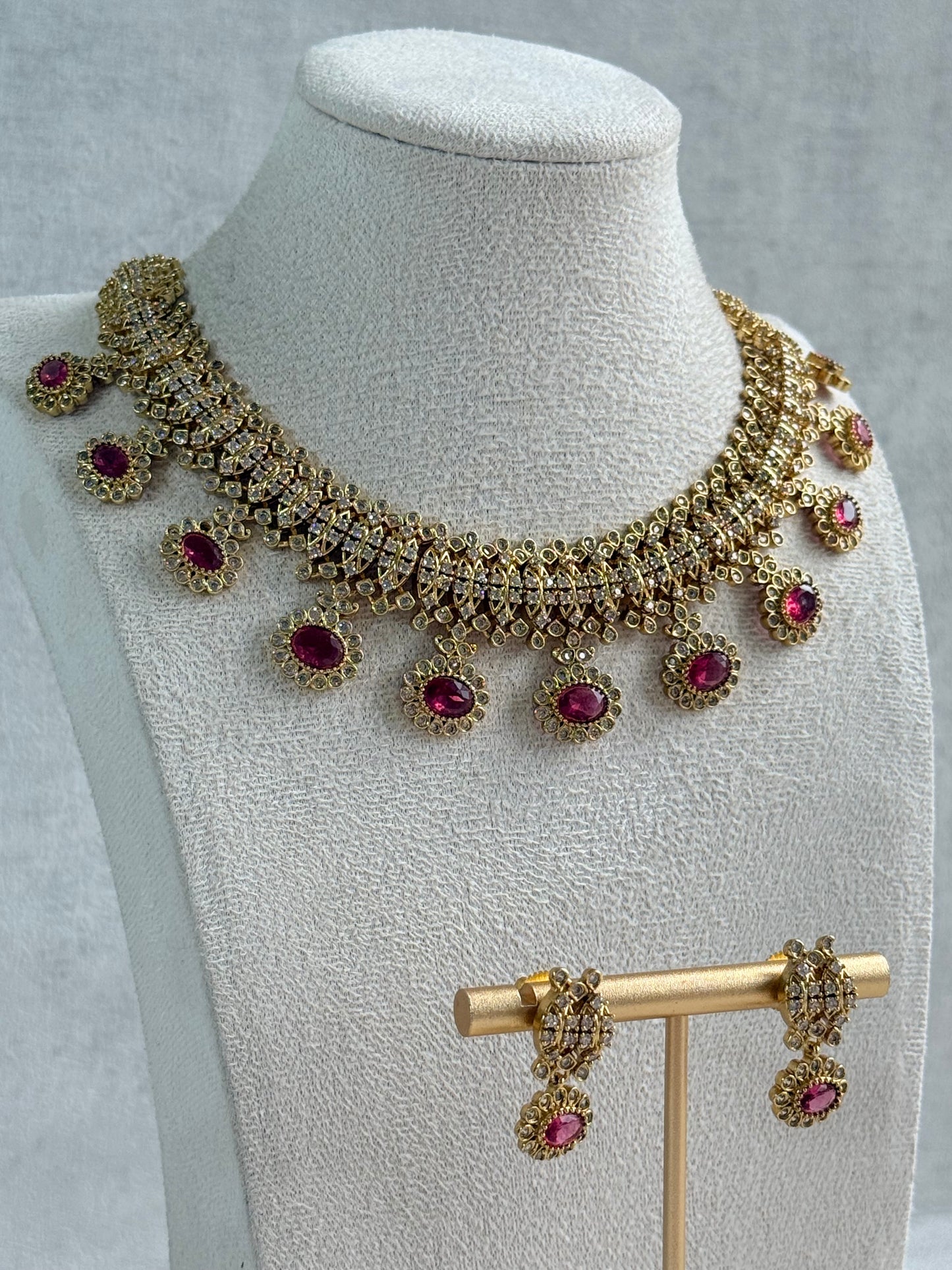 Ayura Designs Elisha Necklace Set with Earrings – Rani Pink & Crystal Stone Detailing