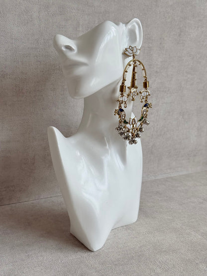 Ayura Designs Zoonpari Earrings – Ivory Pearl, Blue & Green Meenakari Peacock Chandeliers in Dual Tone with Ghungroos